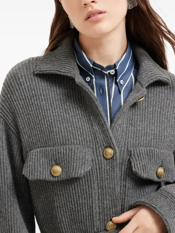 Brunello Cucinelli Ribbed Wool Belted Cardigan | Grey | FARFETCH