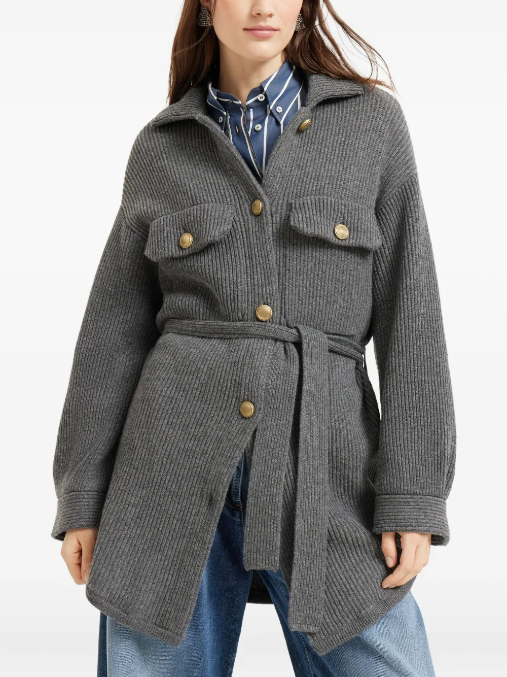 Brunello Cucinelli ribbed wool belted cardigan Grijs