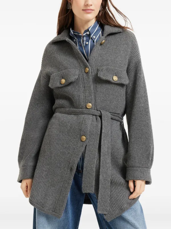 Brunello Cucinelli Ribbed Wool Belted Cardigan | Grey | FARFETCH