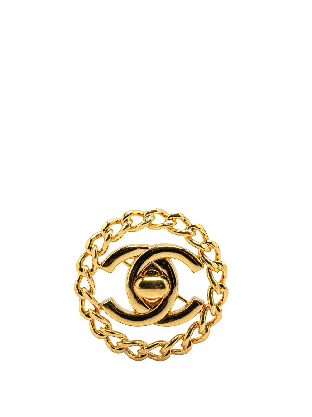 Pre-owned Chanel 1997 Gold Plated Cc Turnlock Chain Brooch Costume Brooch