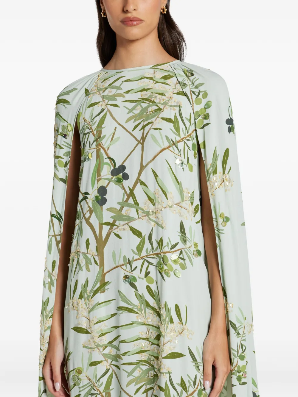 Bernadette Olive-print Sequin Cape Maxi Dress In Green