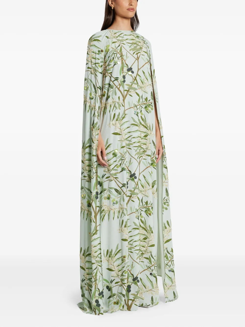 Bernadette Olive-print Sequin Cape Maxi Dress In Green