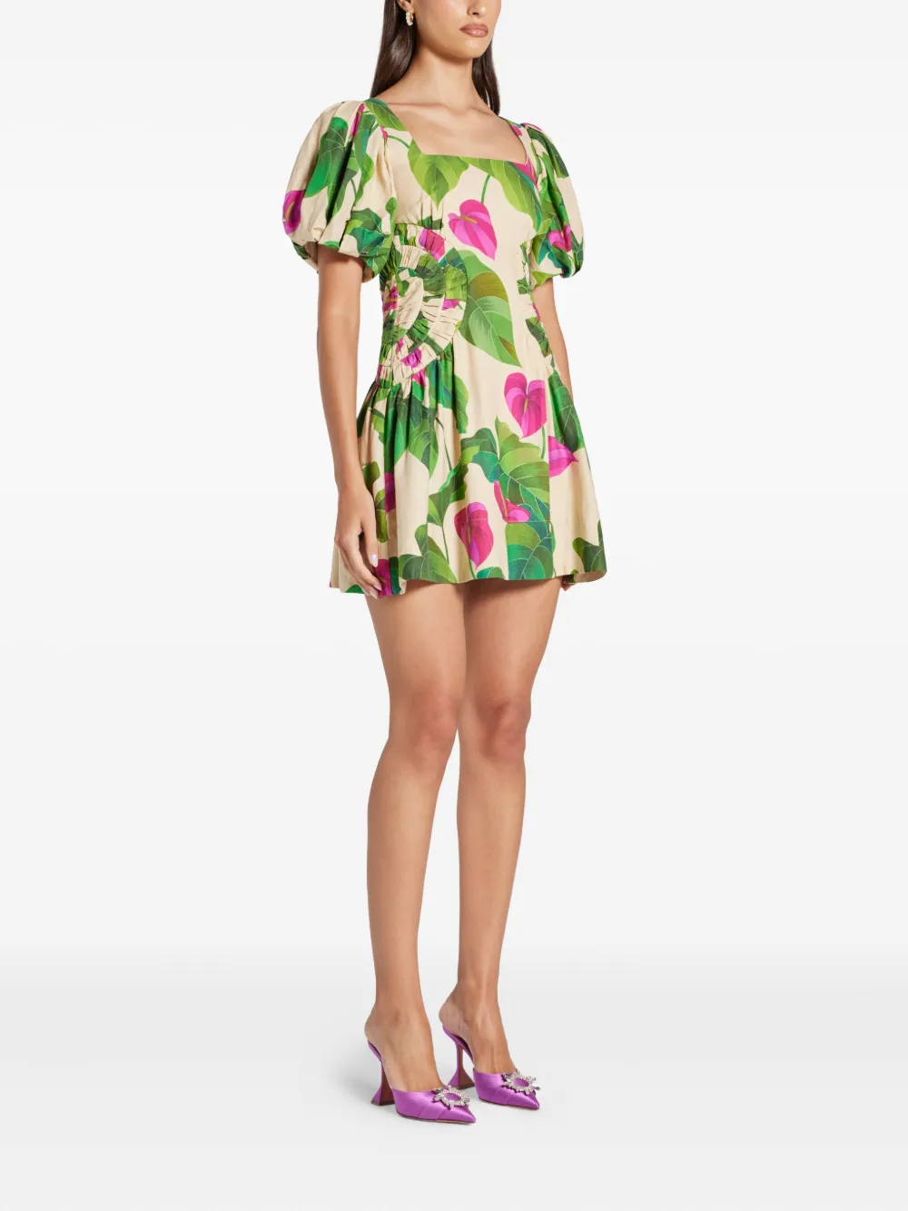 FARM Rio Mini-jurk met pofmouwen en bloemenprint Beige