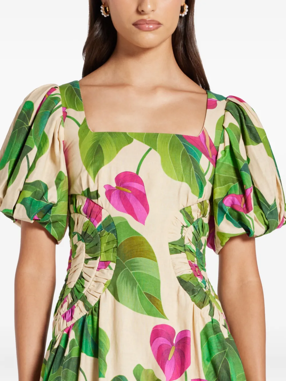 FARM Rio Mini-jurk met pofmouwen en bloemenprint Beige