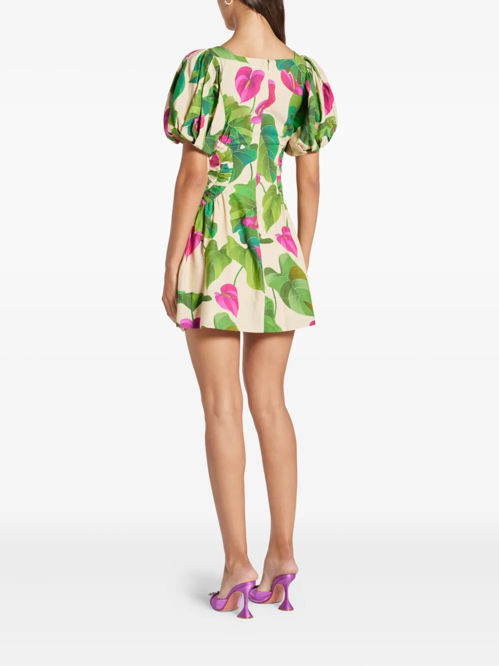 FARM Rio Mini-jurk met pofmouwen en bloemenprint Beige