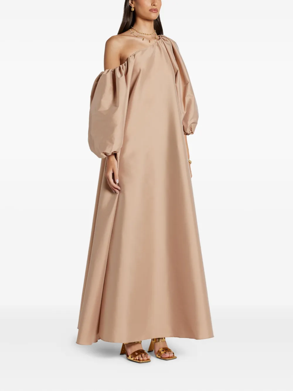 Bernadette Puff-sleeve Asymmetric-shoulder Dress In Neutral