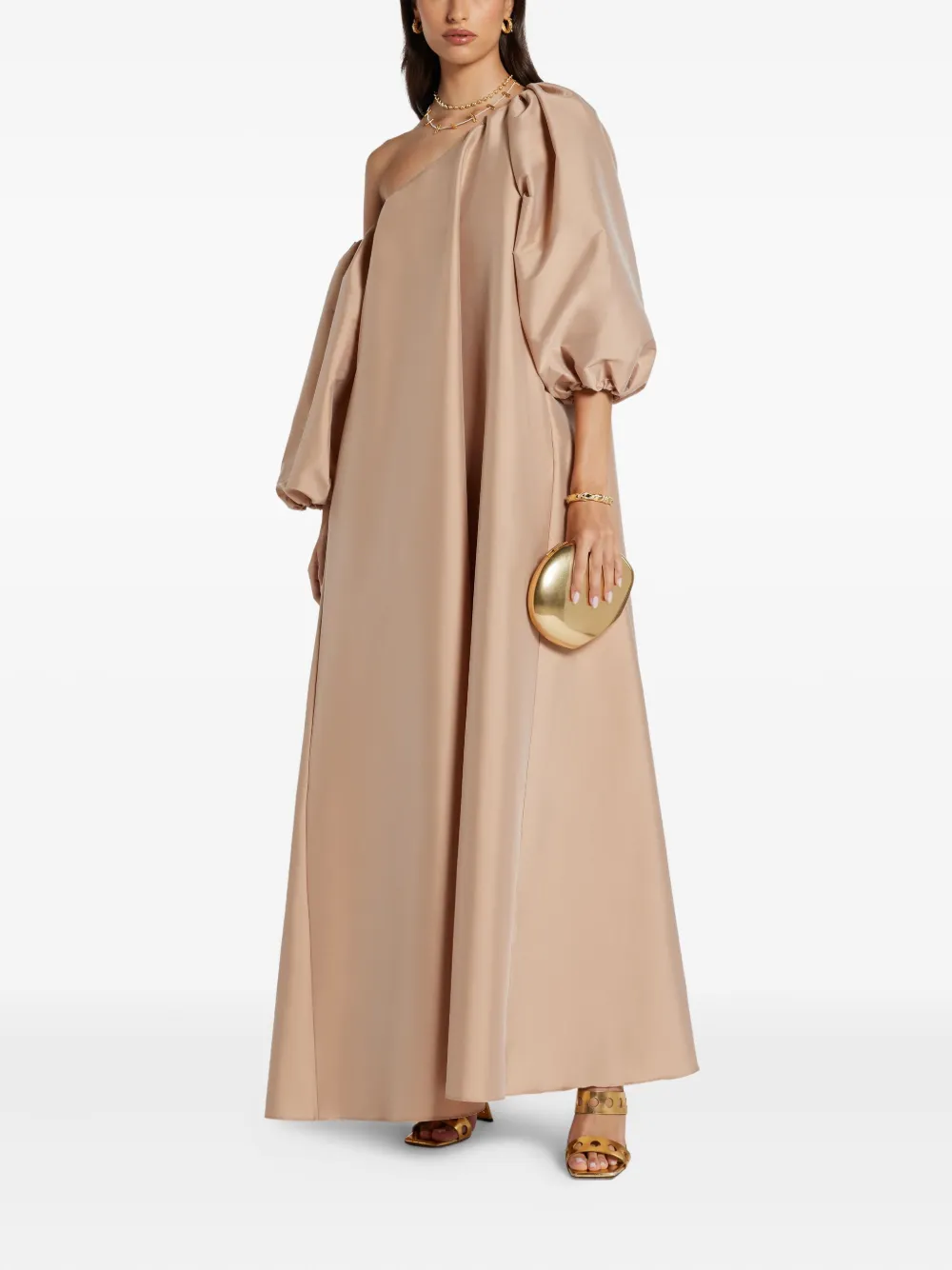 Bernadette puff-sleeve asymmetric-shoulder dress - Beige