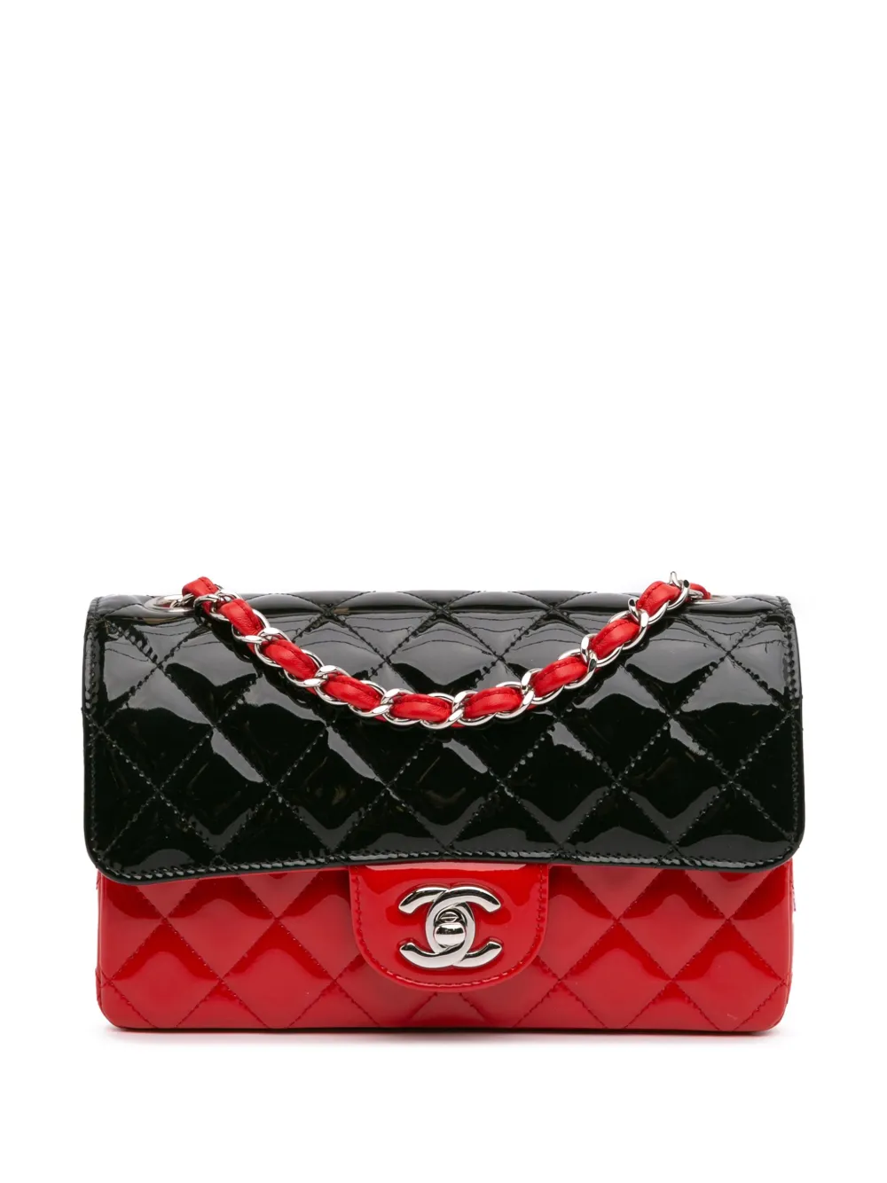 Pre-owned Chanel 2019 Mini Rectangular Bicolor Patent Single Flap Crossbody Bag In Black