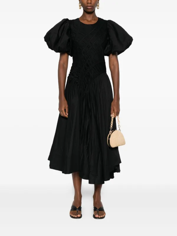 statement black dress Casa Puff Sleeve Midi Dress-BLACK / 4