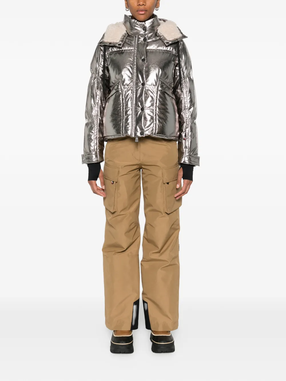 Moncler Calaque Metallic Hooded Ski Jacket In Metallic