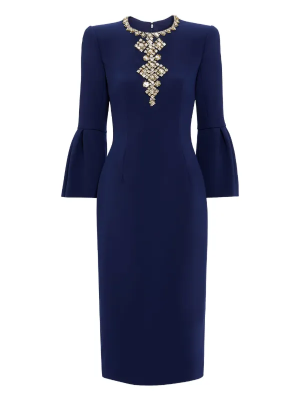 jenny packham navy blue dress Jenny Packham Margoni Bell-sleeve Embellished Midi Dress