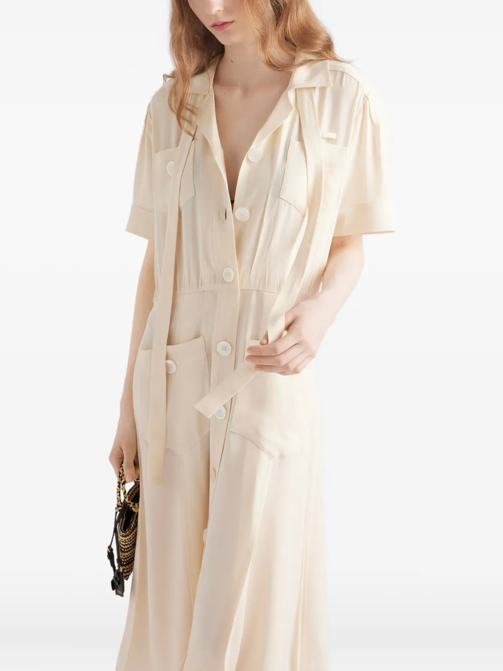 Prada Short-sleeve Belted Midi Shirtdress In Neutral