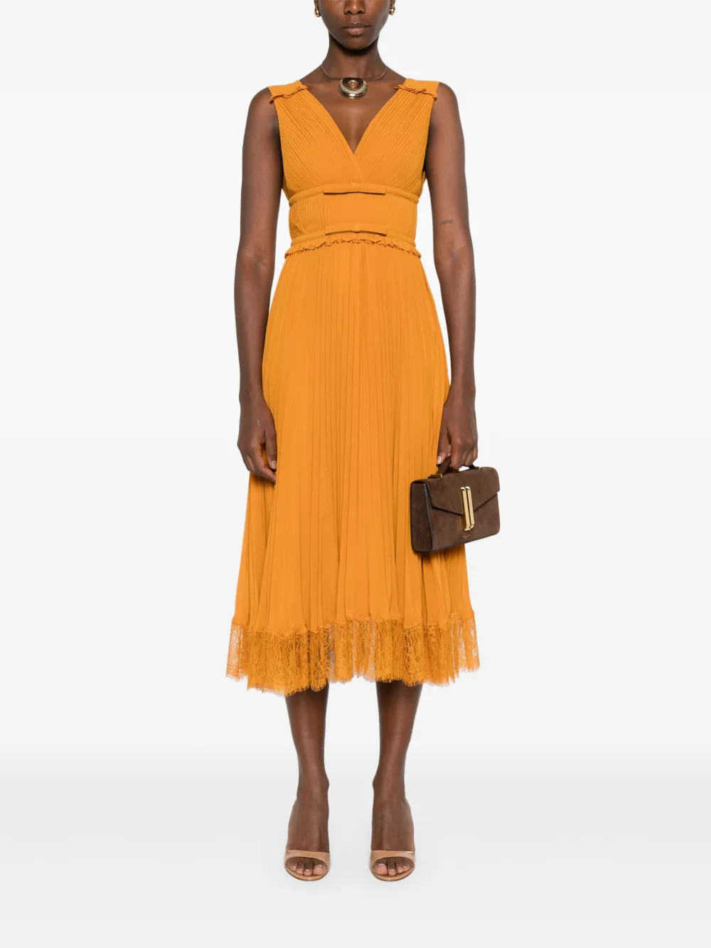 Self-Portrait pleated lace-trimmed dress Oranje