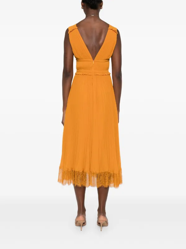 Self-Portrait Pleated lace-trimmed Dress | Orange | FARFETCH