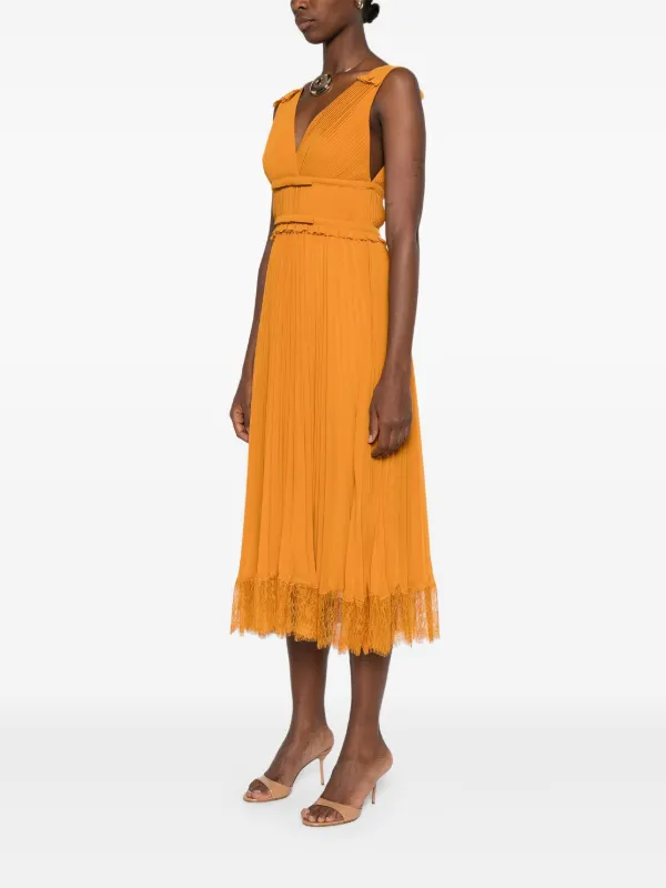 Self-Portrait Pleated lace-trimmed Dress | Orange | FARFETCH