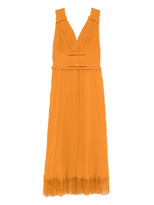 Self-portrait Pleated Lace-trimmed Dress - Orange Self-portrait Pleated Lace-trimmed Dress - Orange