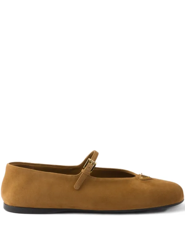 Prada Buckle-strap Suede Ballerinas in Brown