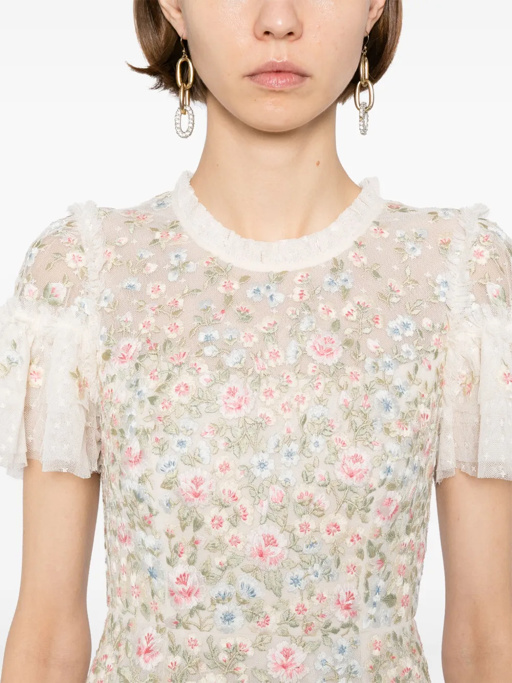 Needle & Thread Jurk met geborduurde bloemen Beige