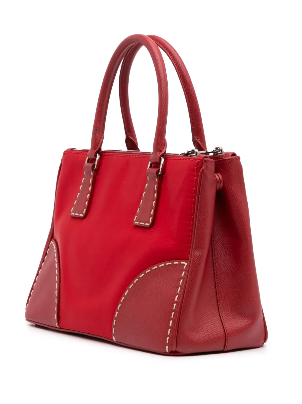 Pre-owned Prada 2000-2024 Small Saffiano Trimmed Tessuto Hand Stitched Galleria Double Zip Tote Satchel