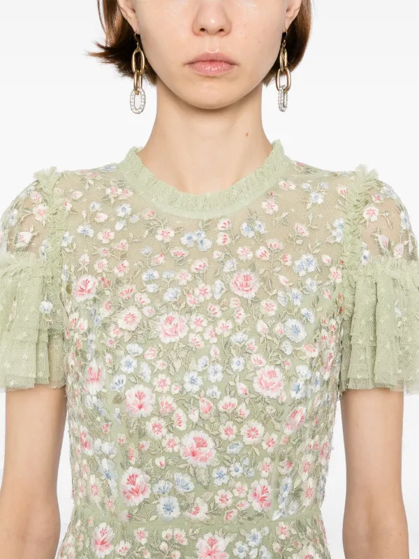 Needle & Thread floral-embroidered Dress | Green
