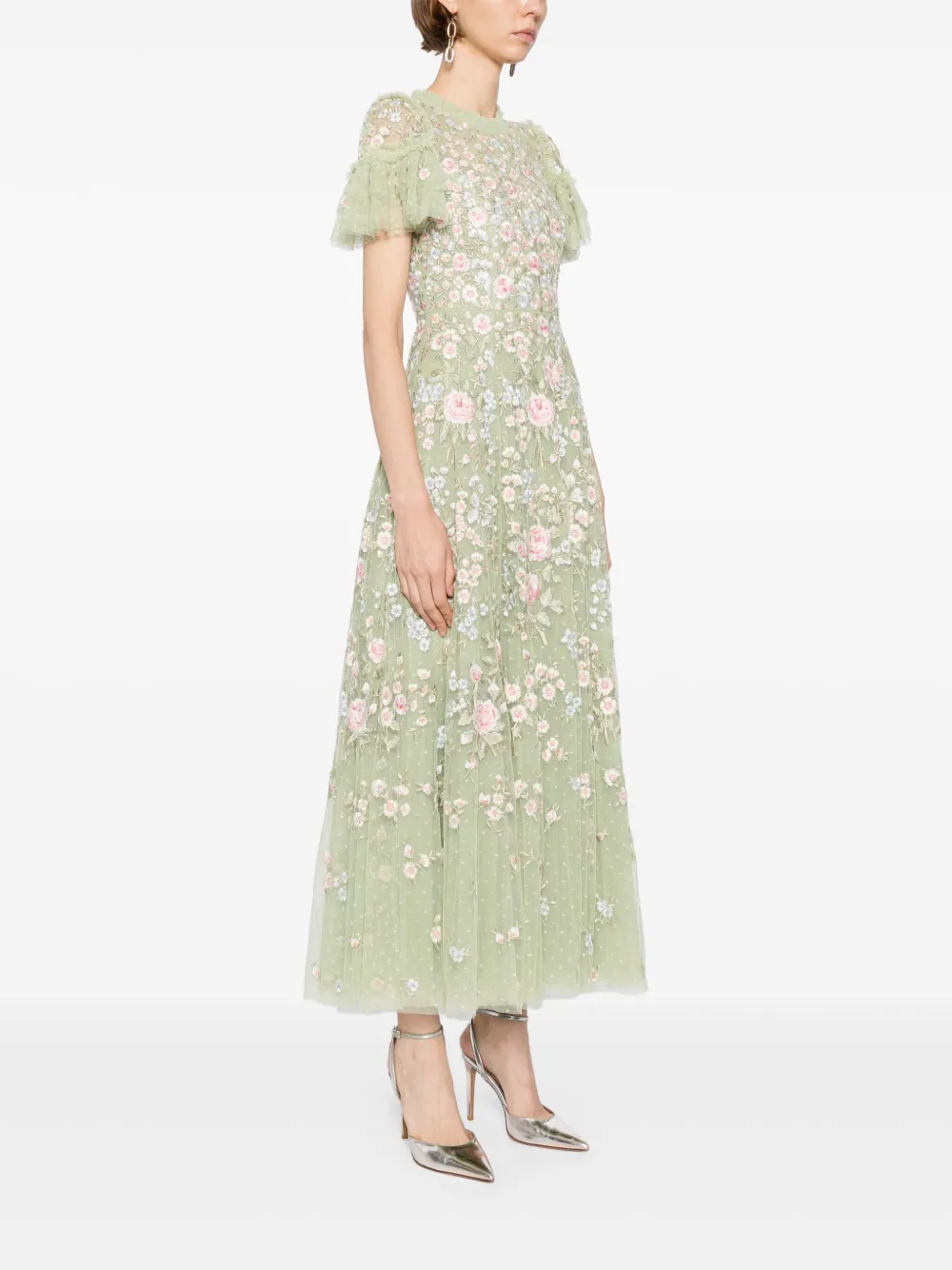 Needle & Thread Jurk met geborduurde bloemen Groen
