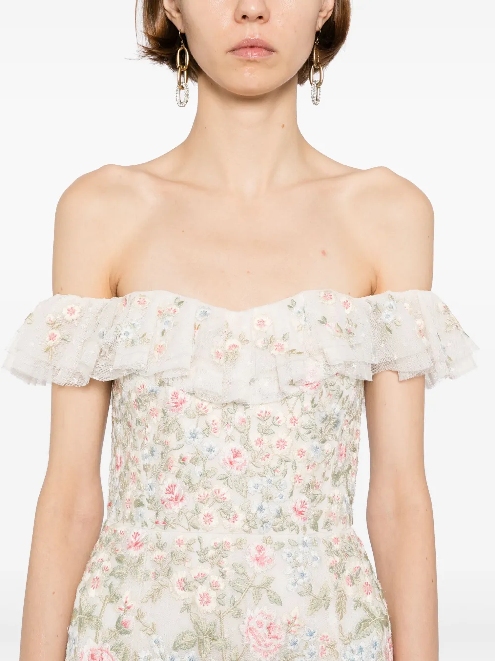 Needle & Thread Jurk met geborduurde bloemen Beige