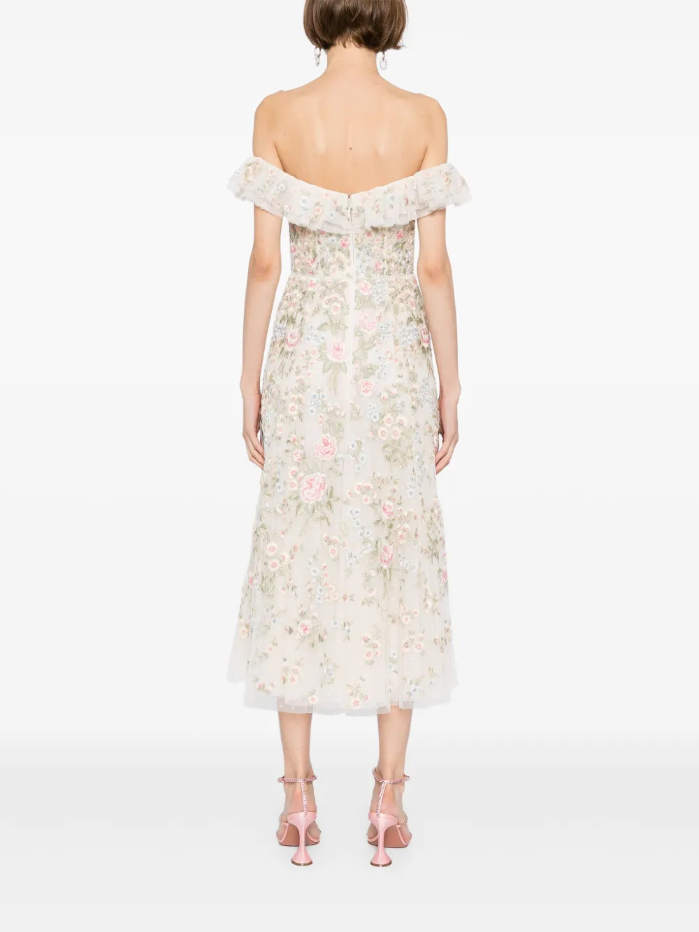 Needle & Thread Jurk met geborduurde bloemen Beige