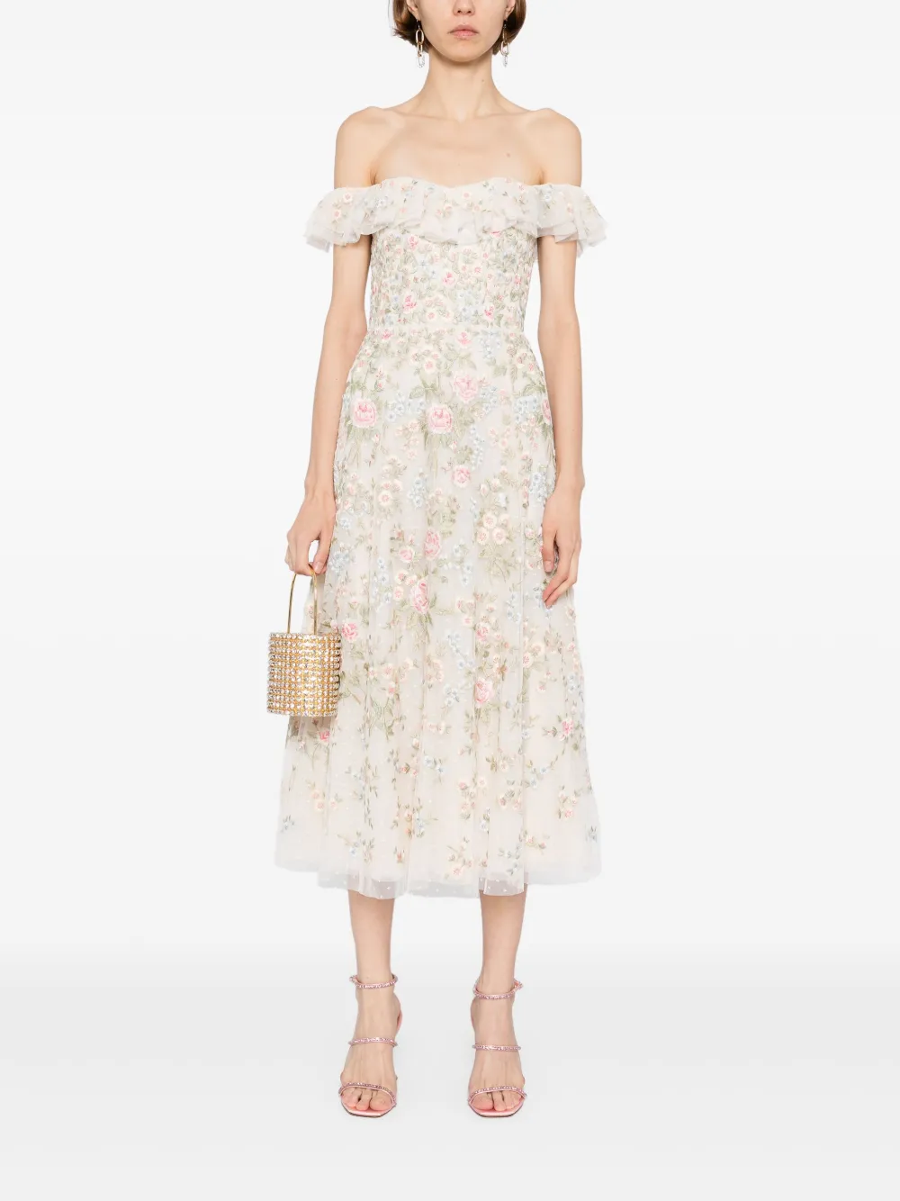 Needle & Thread Jurk met geborduurde bloemen Beige