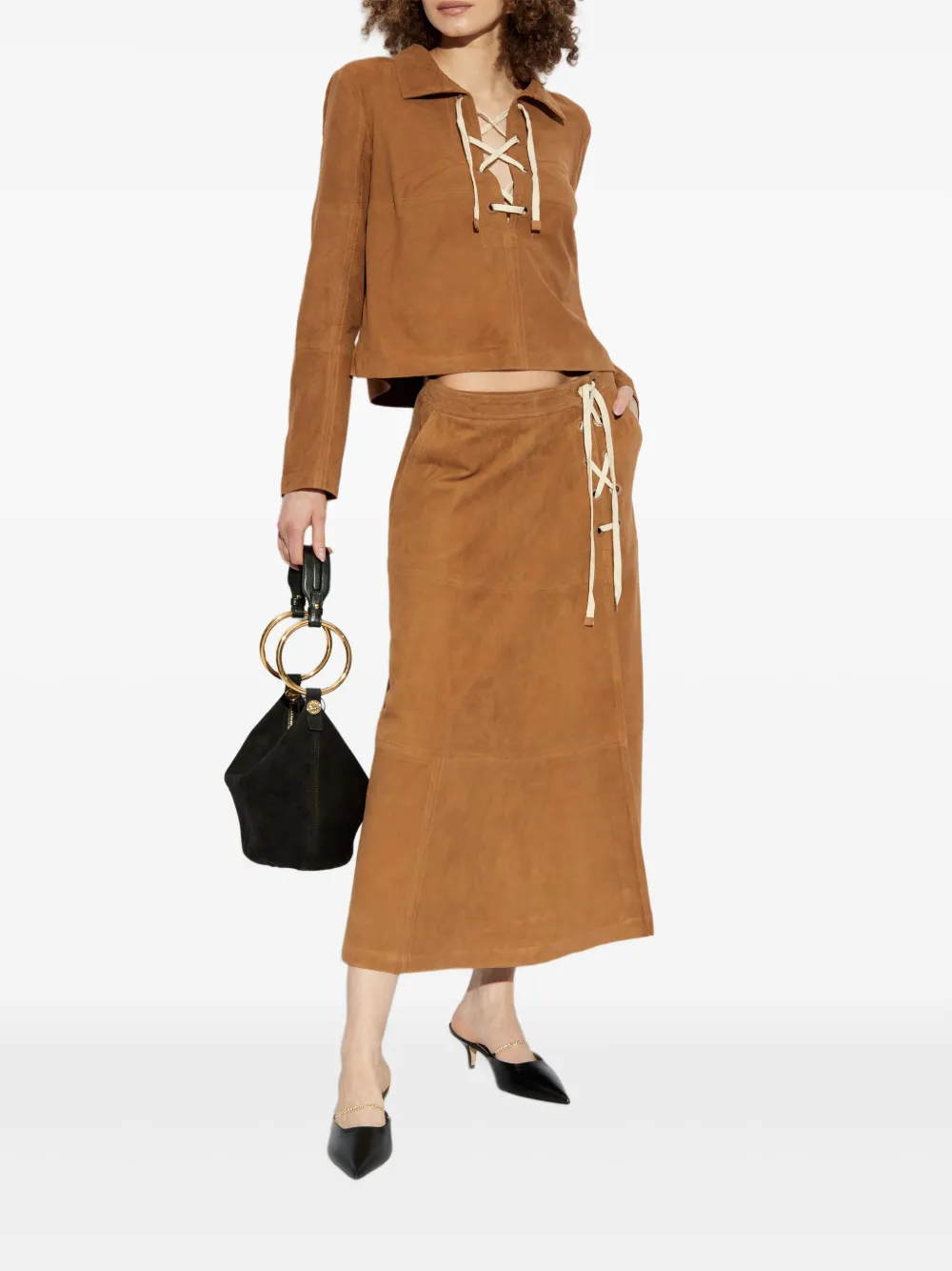 MUNTHE Suède blouse met veters - Bruin
