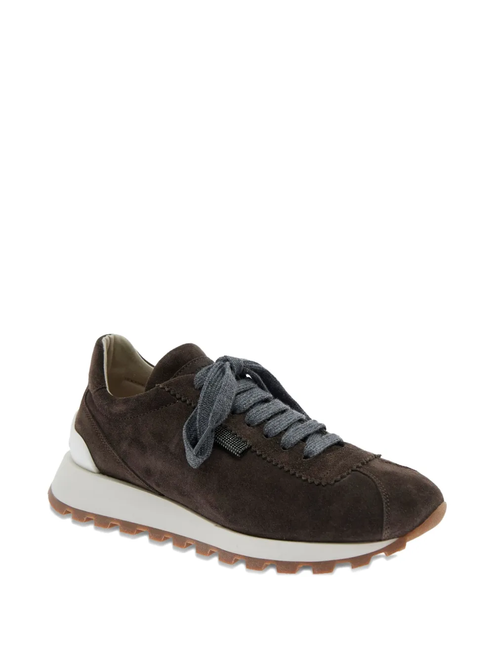 Brunello Cucinelli Brown Low Top Sneakers With Monil Detail On The Side And Embossed Logo Lettering On The Rear In Leat