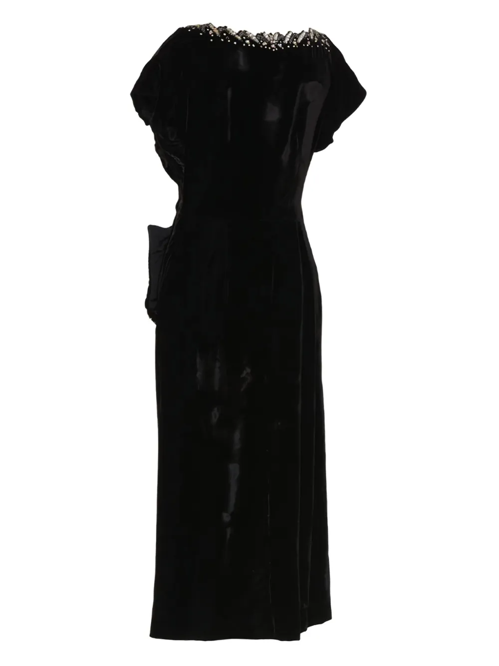 Vintage 1940s pre-owned off-shoulder midi-jurk met kralen - Zwart
