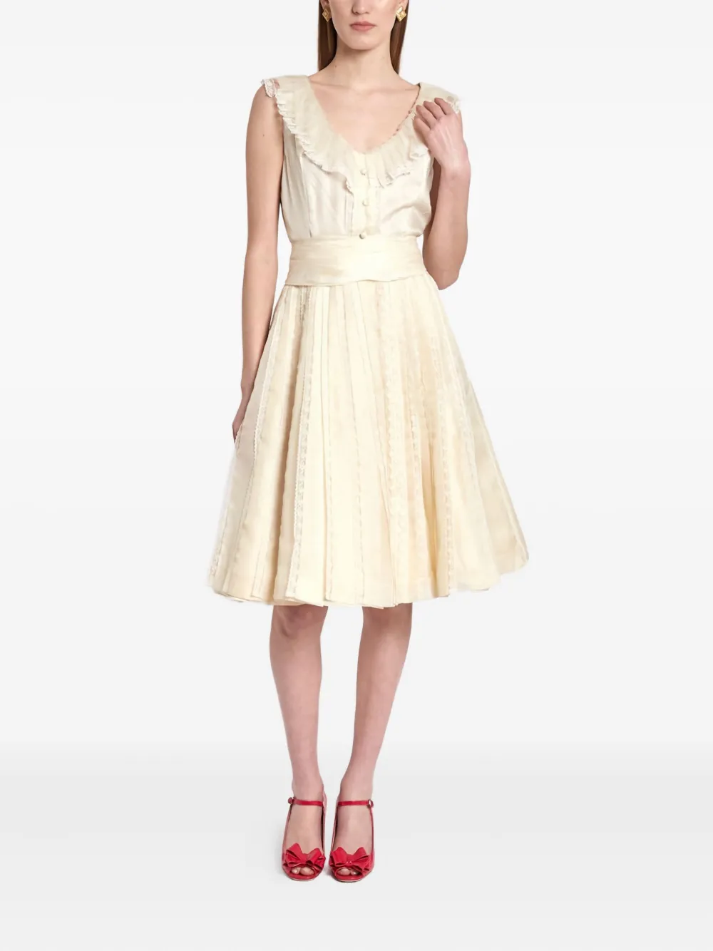 Vintage 1950s lace-trim silk dress - Beige