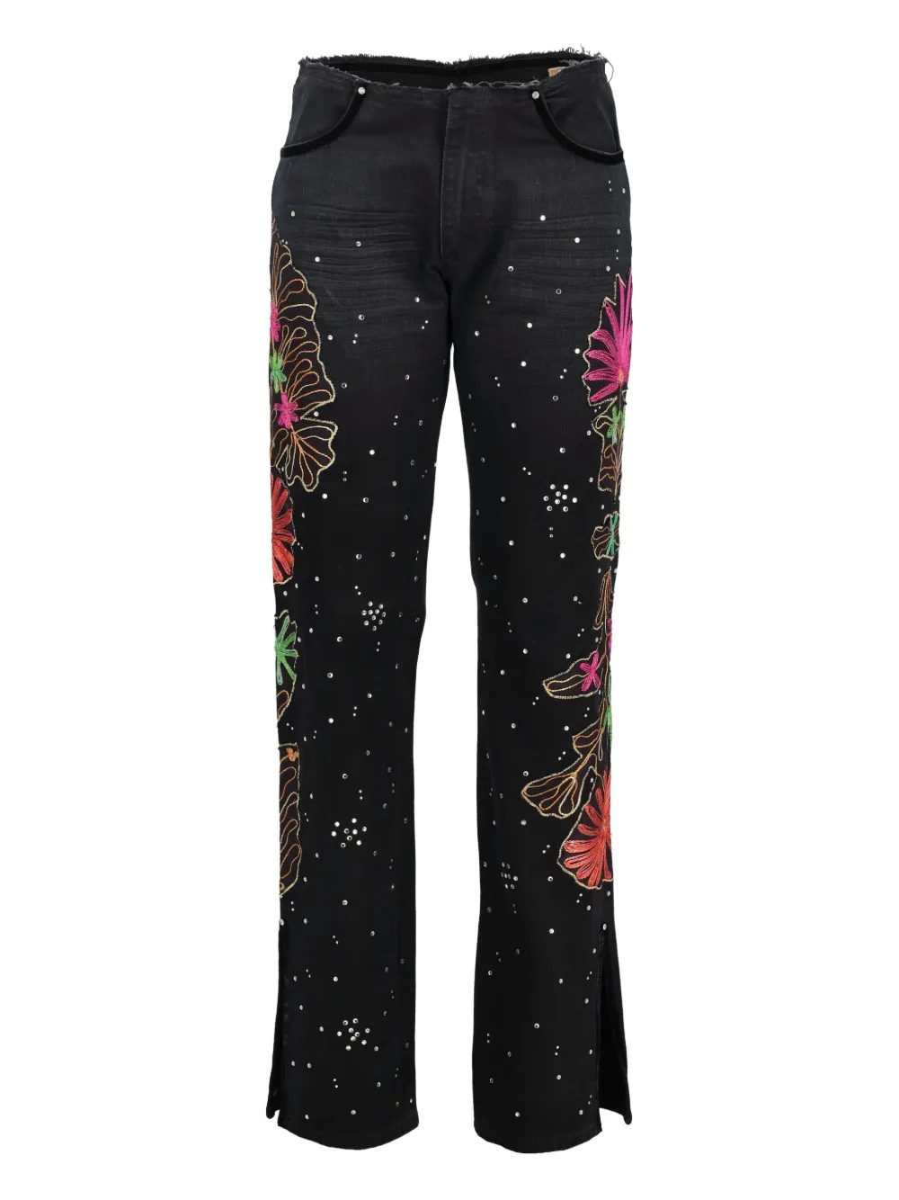 Pre-owned Voyage Et Cie Embroidered Rhinestone Jeans In Black