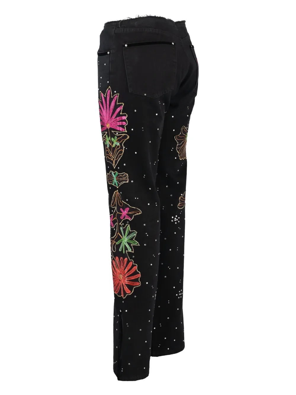 Pre-owned Voyage Et Cie Embroidered Rhinestone Jeans In Black