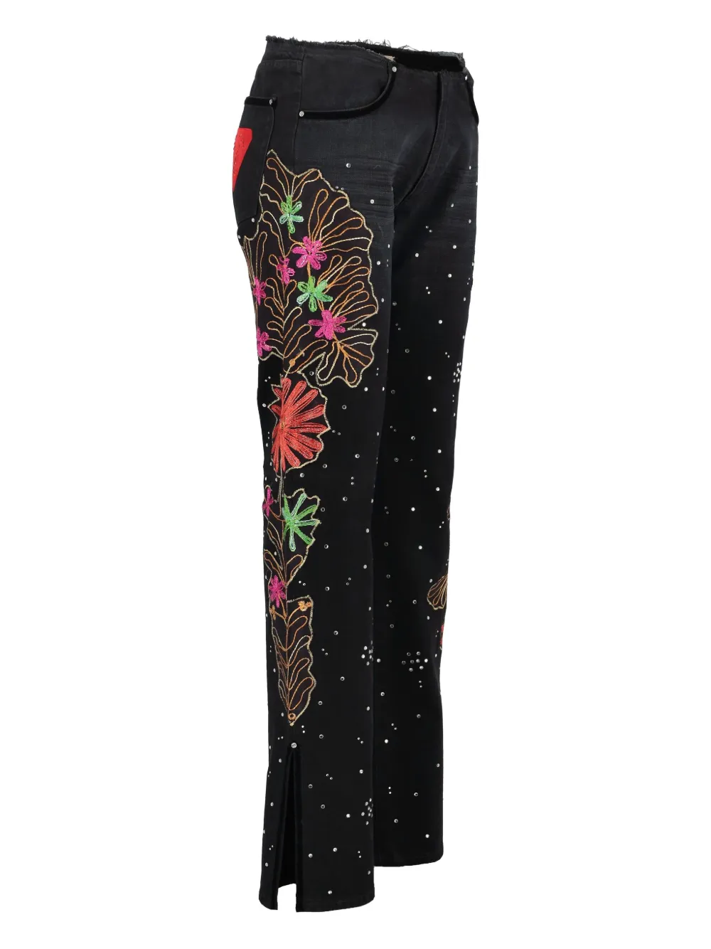 Pre-owned Voyage Et Cie Embroidered Rhinestone Jeans In Black