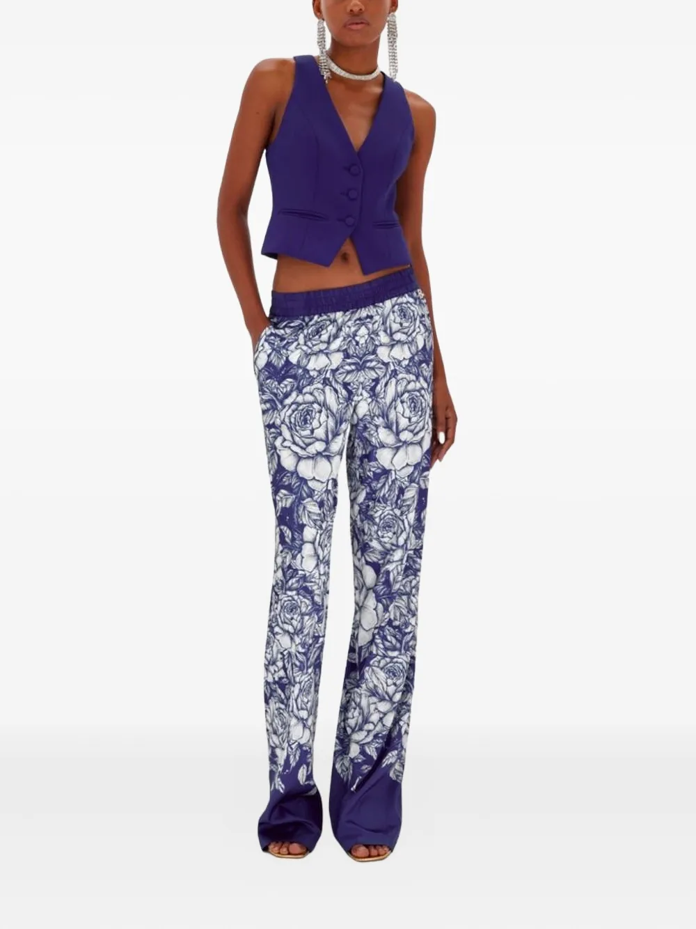 Blugirl Broek met elastische taille en roosprint - Blauw