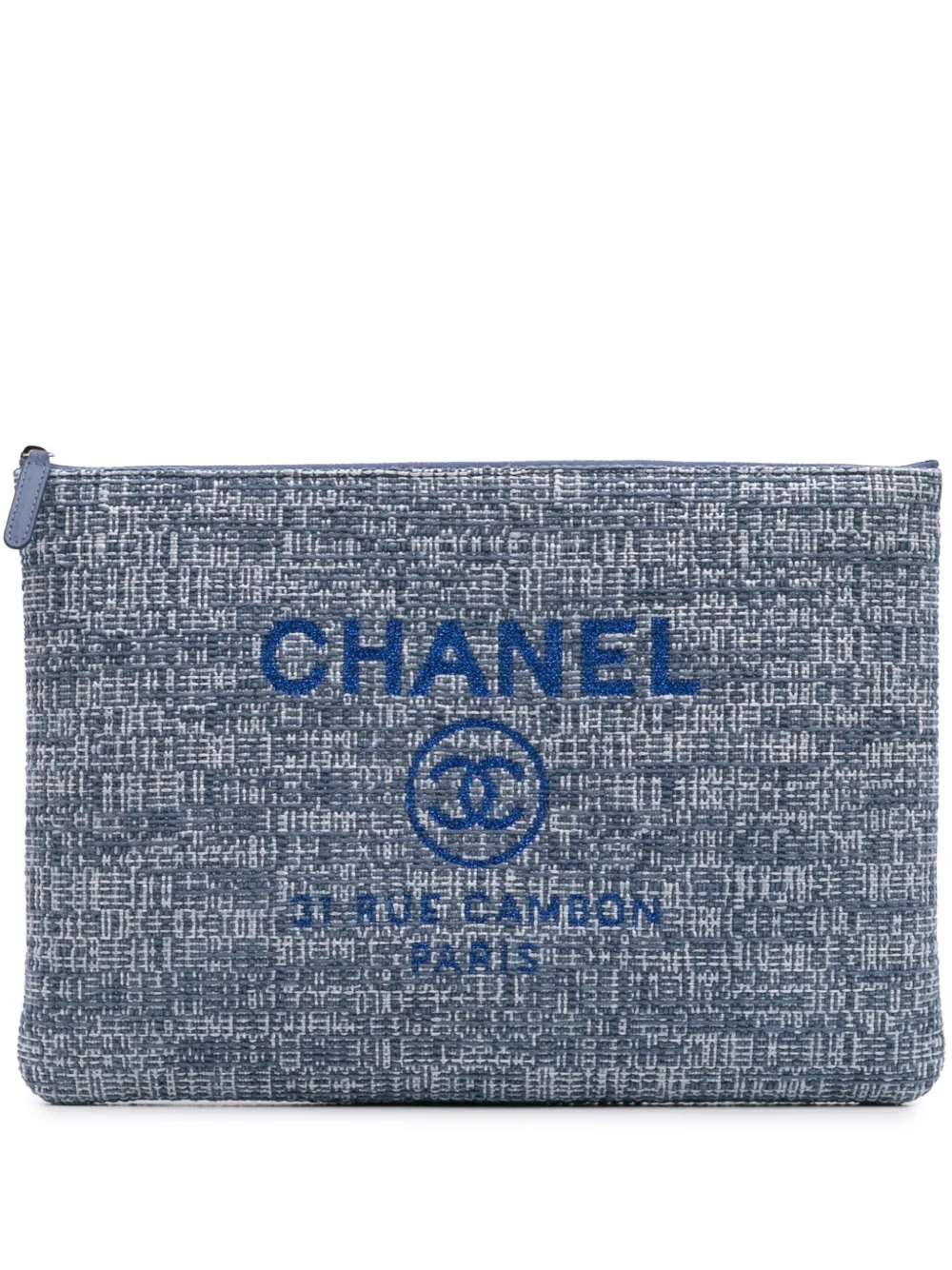 CHANEL Pre-Owned 2018 ラージ ツイード ドーヴィル O ケース クラッチバッグ - ブルー CHANEL Pre-Owned 2018 ラージ ツイード ドーヴィル O ケース クラッチバッグ - ブルー