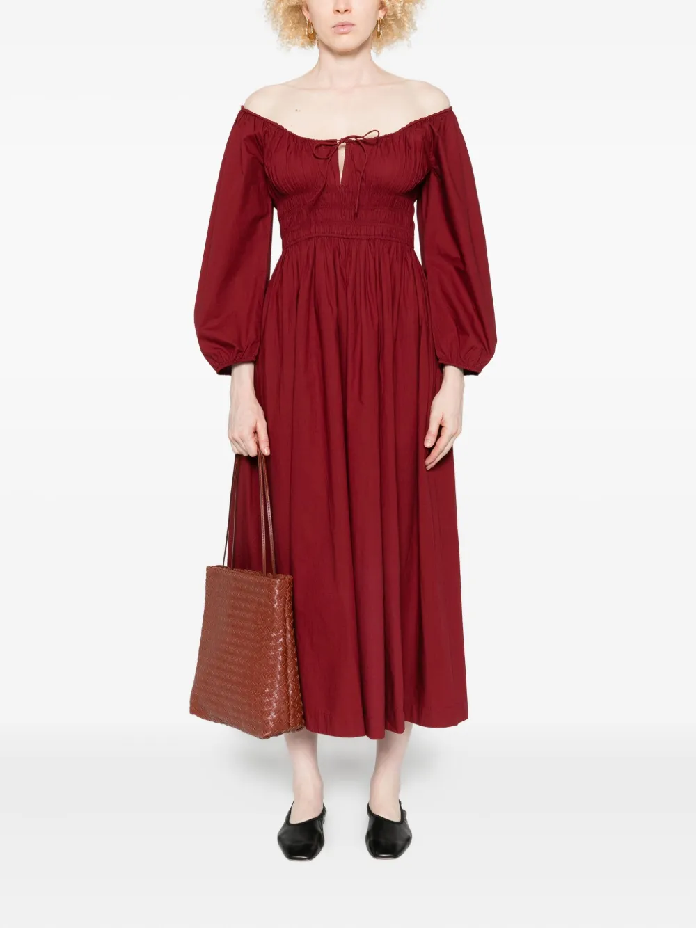 DÔEN Quintessa puff-sleeve smocked dress - Rood