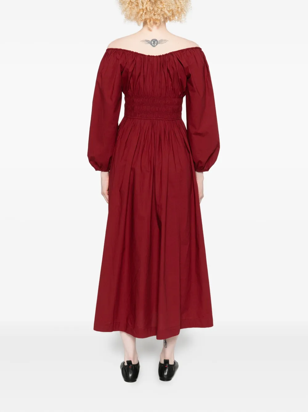 Doen Quintessa Tie-detailed Shirred Organic Cotton-poplin Midi Dress In Burgundy