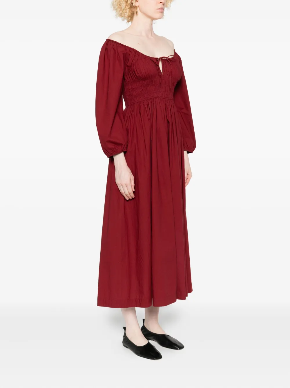 Doen Quintessa Tie-detailed Shirred Organic Cotton-poplin Midi Dress In Burgundy