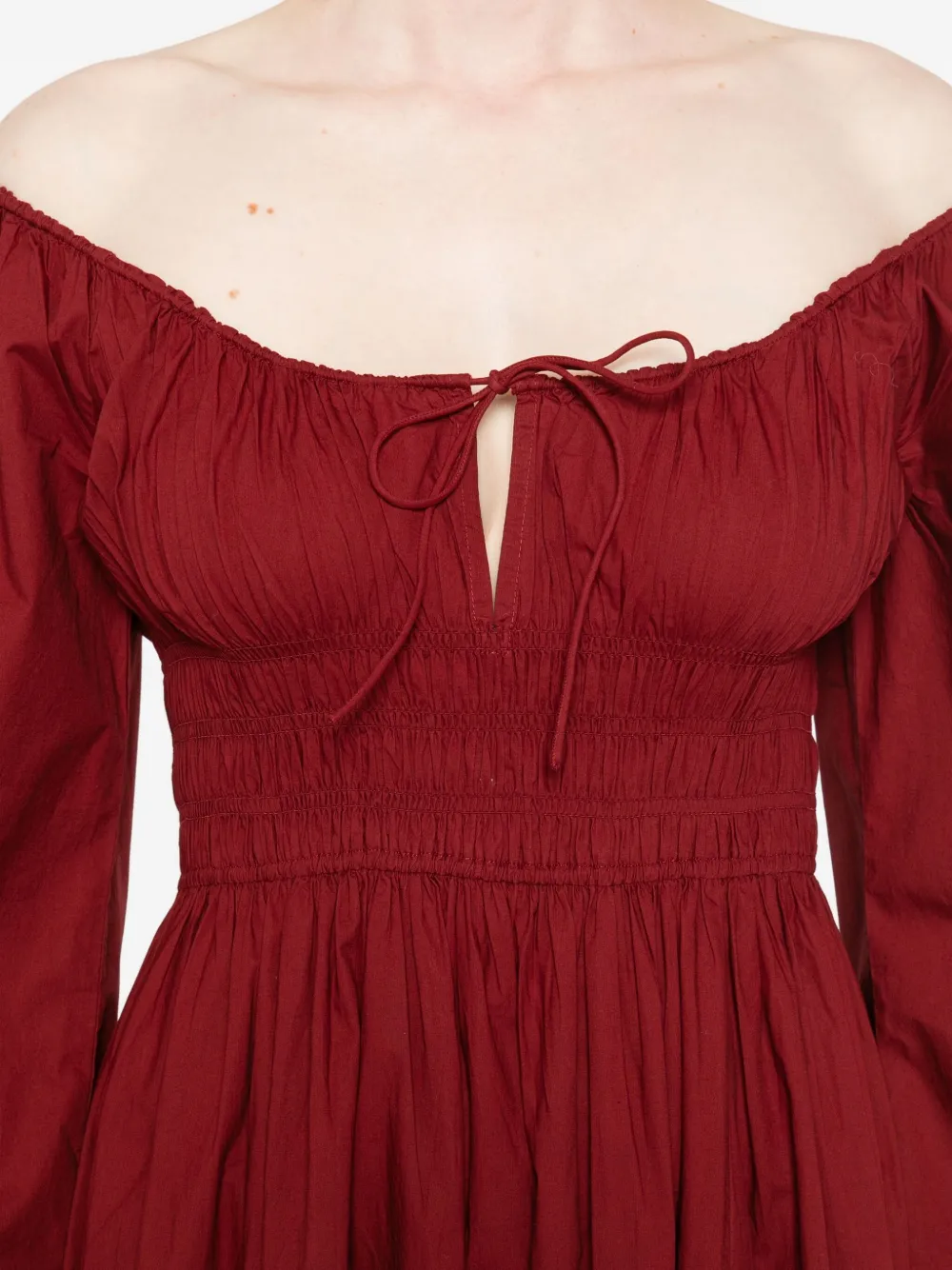 Doen Quintessa Tie-detailed Shirred Organic Cotton-poplin Midi Dress In Burgundy
