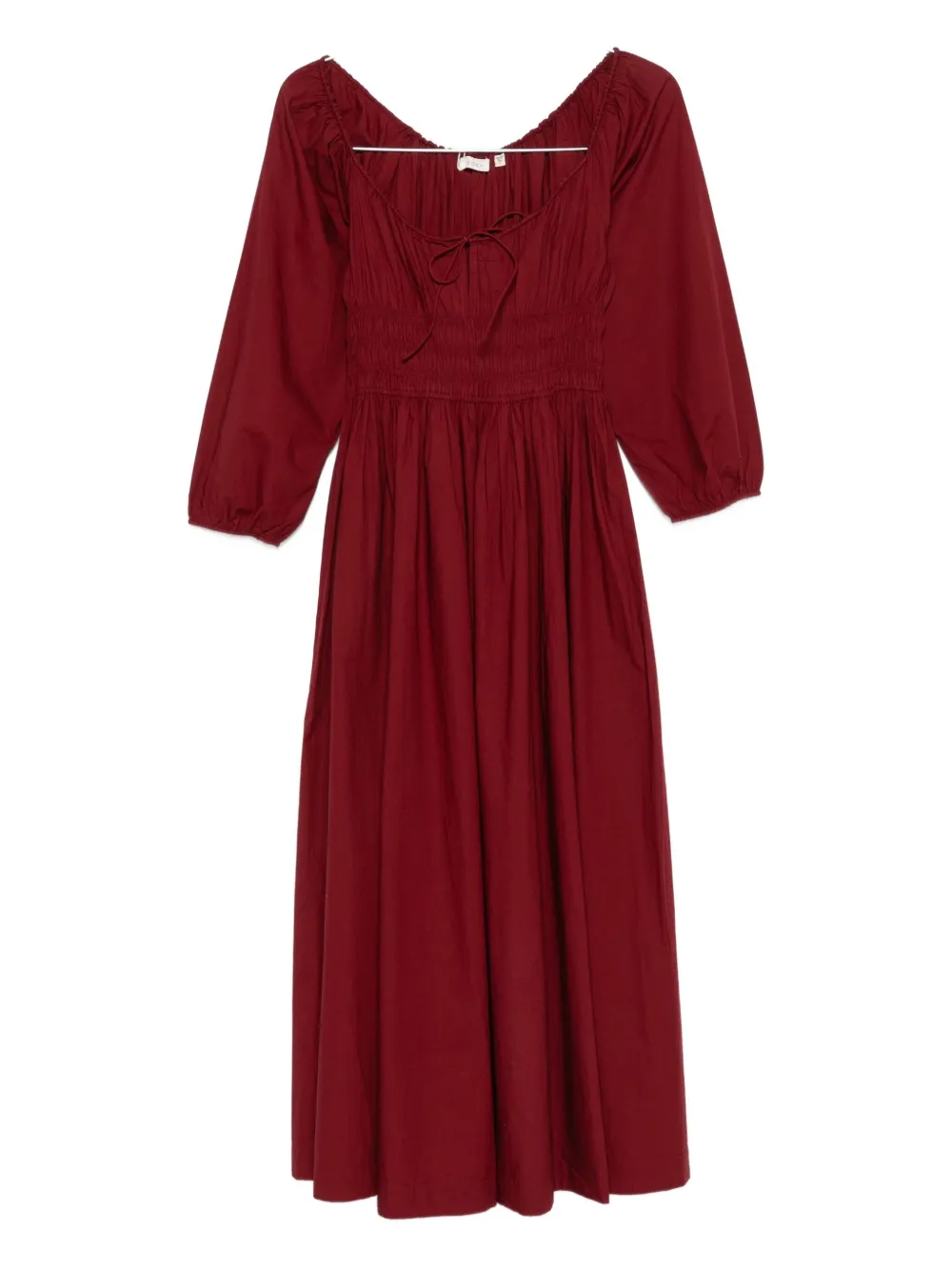 Doen Quintessa Tie-detailed Shirred Organic Cotton-poplin Midi Dress In Burgundy