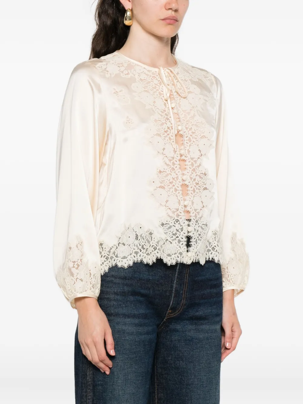 Doen Lucine Lace-trimmed Silk-satin Blouse In Neutral