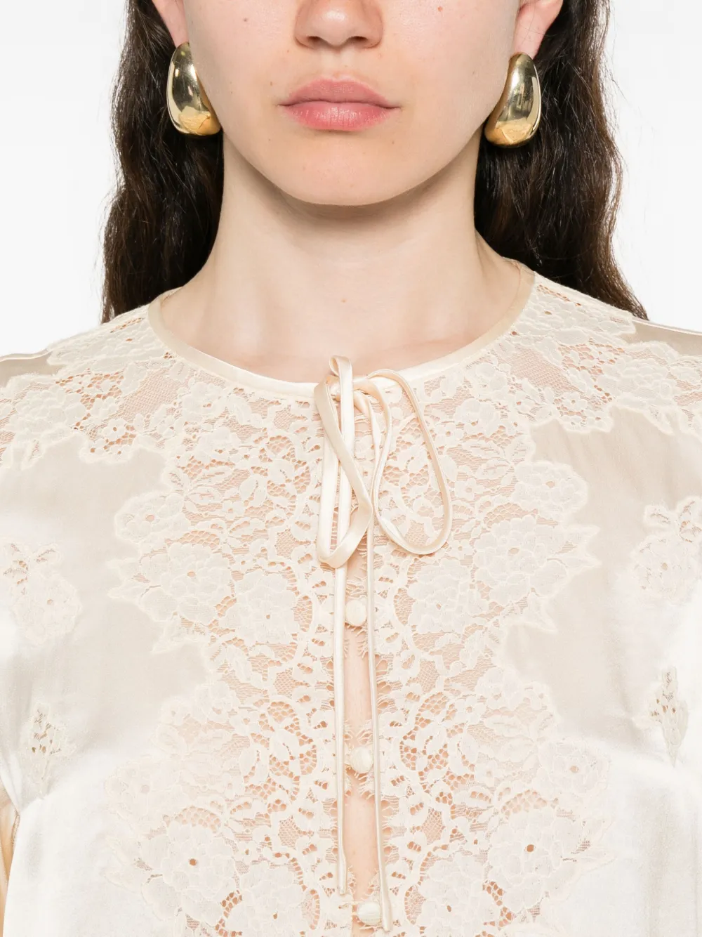 Doen Lucine Lace-trimmed Silk-satin Blouse In Neutral