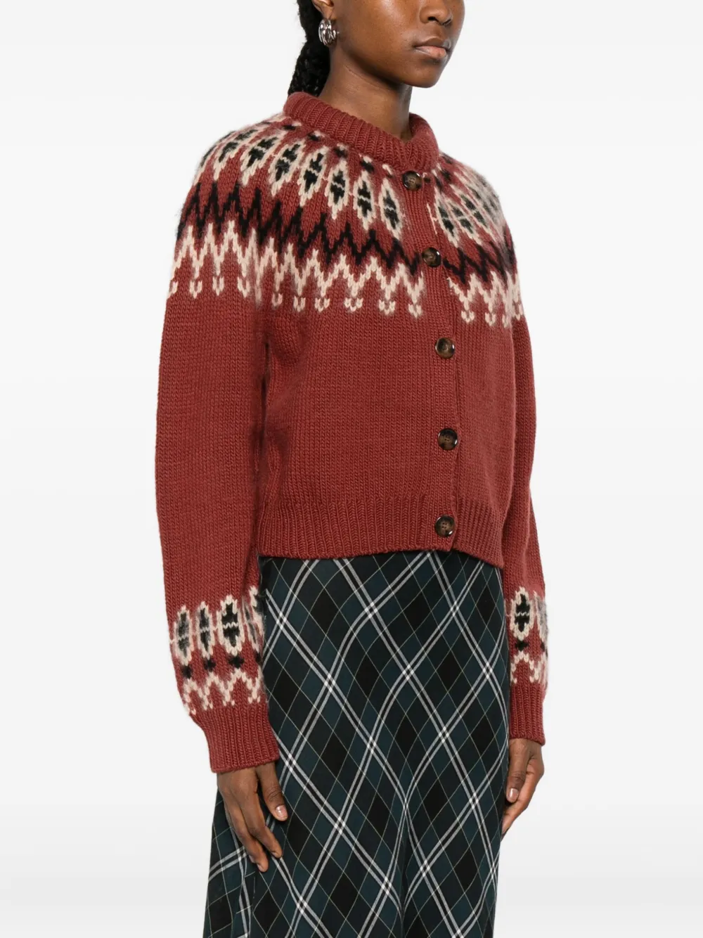 Doen Clarke Patterned-intarsia Cardigan In Brown