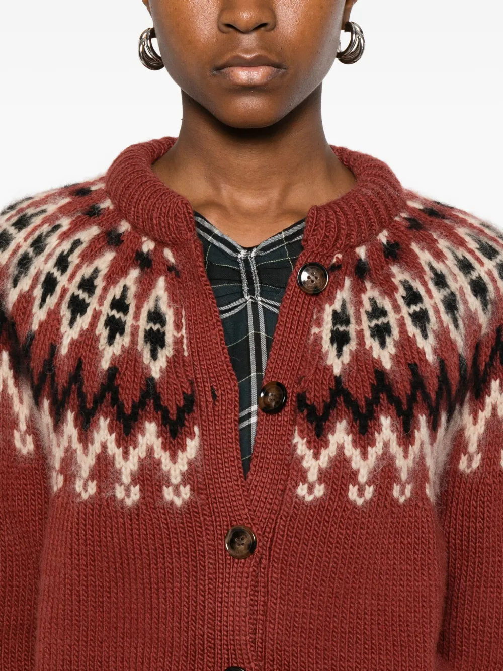 Doen Clarke Patterned-intarsia Cardigan In Brown