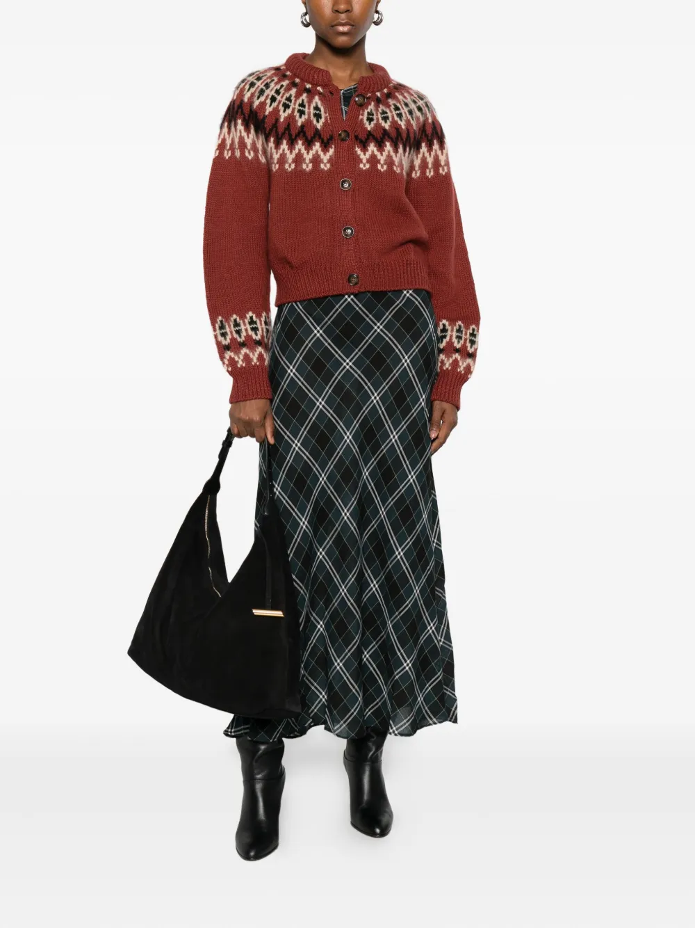Doen Clarke Patterned-intarsia Cardigan In Brown