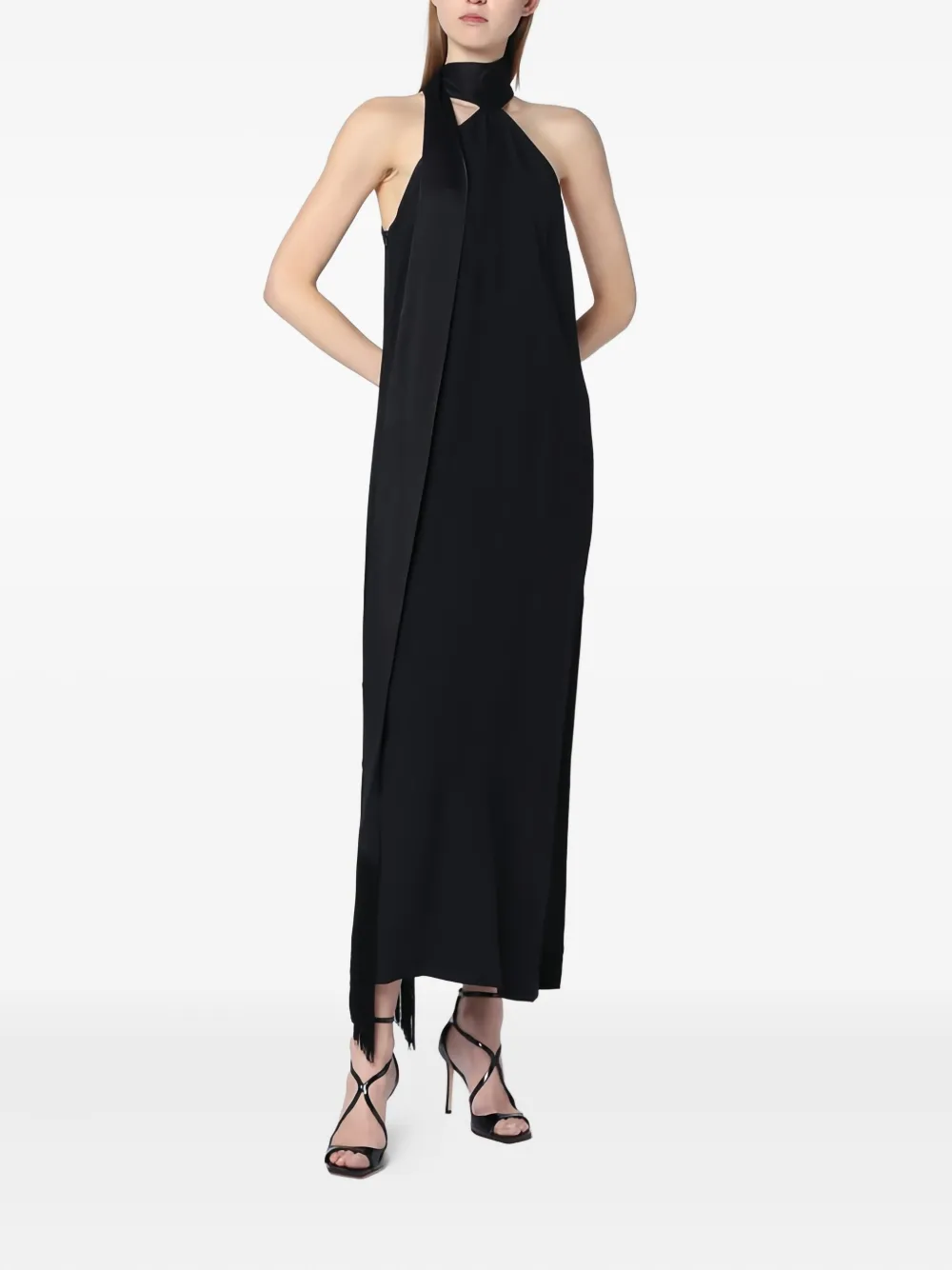 Taller Marmo Maxi-jurk met halternek en franje Zwart