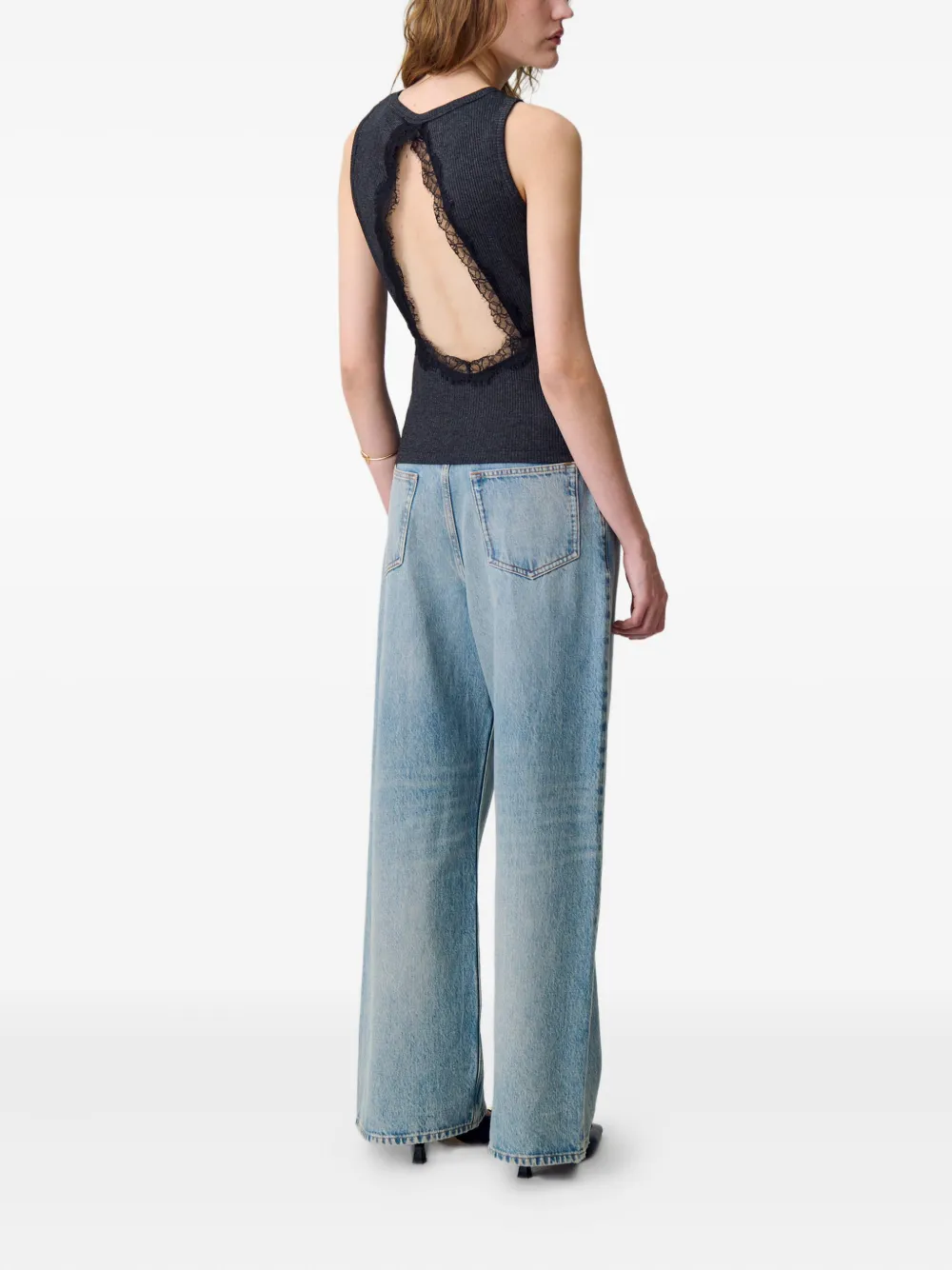 Claudie Pierlot Ribgebreide top met kanten vlakken Zwart