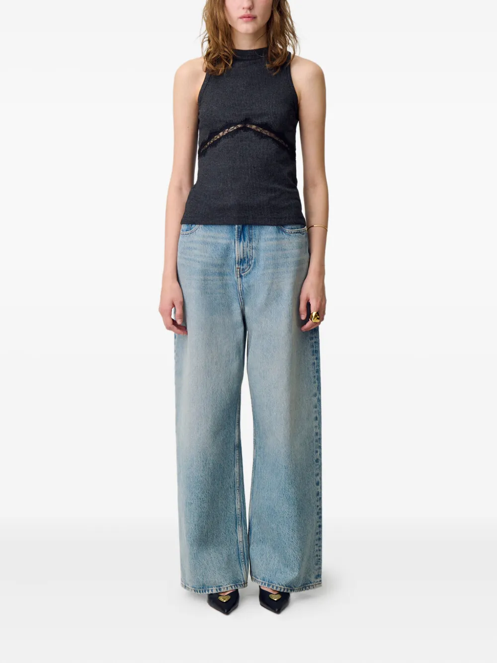 Claudie Pierlot Ribgebreide top met kanten vlakken Zwart